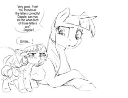Size: 1280x989 | Tagged: safe, artist:silfoe, twilight sparkle, oc, oc:twilight dapple, alicorn, pony, other royal book, g4, alicorn oc, black and white, dialogue, foal, freckles, grayscale, magical lesbian spawn, monochrome, mother and daughter, nearsighted, offspring, parent:princess luna, parent:twilight sparkle, parents:twiluna, simple background, sketch, speech bubble, twilight sparkle (alicorn), white background