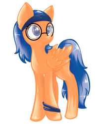 Size: 1024x1232 | Tagged: safe, artist:cyanyeh, oc, oc only, oc:abacus, latex pony, pegasus, pony, folded wings, glasses, headband, looking away, looking up, shiny, simple background, smiling, solo, standing, transparent background, wristband