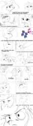 Size: 1462x5472 | Tagged: safe, artist:mrscurlystyles, princess cadance, princess celestia, princess luna, alicorn, pony, g4, comic, crown, cute, glowing horn, high res, hitting, horn, jewelry, lol, magic, monochrome, pointy ponies, regalia, royal sisters, serious, serious face, simple background, sketch, white background