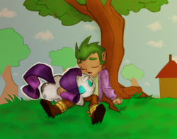 Size: 1280x1011 | Tagged: safe, artist:bigdad, artist:cabrony, color edit, edit, rarity, spike, human, pony, g4, both cutie marks, clothes, colored, cute, dock, female, grass, human spike, humanized, male, ship:sparity, shipping, sleeping, straight, tree