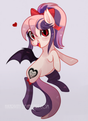 Size: 722x995 | Tagged: safe, artist:hikariviny, oc, oc only, oc:sweet velvet, bat pony, pony, female, gift art, gray background, heart, looking at you, mare, open mouth, ribbon, simple background, smiling, solo
