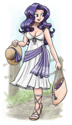 Size: 929x1600 | Tagged: safe, artist:king-kakapo, rarity, human, g4, bag, beautiful, breasts, cleavage, clothes, dress, eyeshadow, feet, female, hat, humanized, lipstick, makeup, sandals, smiling, solo