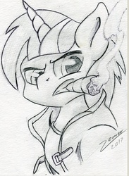 Size: 1216x1664 | Tagged: safe, artist:zemer, oc, oc only, pony, fallout equestria, cigar, clothes, jacket, monochrome, solo, traditional art