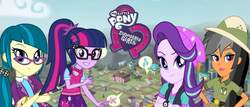 Size: 900x386 | Tagged: safe, edit, chestnut magnifico, daring do, juniper montage, sci-twi, starlight glimmer, twilight sparkle, equestria girls, g4, beanie, bowtie, canterlot high, clothes, glasses, hat, jewelry, pigtails, ponytail, skirt