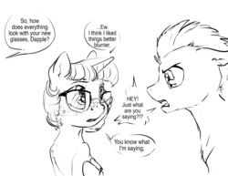 Size: 1280x989 | Tagged: safe, artist:silfoe, oc, oc only, oc:pterus, oc:twilight dapple, alicorn, bat pony, pony, other royal book, adopted offspring, alicorn oc, black and white, dialogue, duo, fangs, freckles, glasses, grayscale, magical lesbian spawn, monochrome, nearsighted, offspring, parent:princess luna, parent:twilight sparkle, parents:twiluna, sassy, simple background, snark, speech bubble, white background