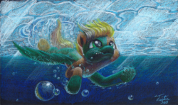 Size: 1200x711 | Tagged: safe, artist:tsitra360, oc, oc only, pony, commission, holding breath, ocean, prismacolors, signature, solo, traditional art, underwater