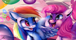 Size: 2699x1450 | Tagged: safe, artist:kittytwin3, pinkie pie, rainbow dash, earth pony, pegasus, pony, g4, balloon, chest fluff, cropped, cute, dashabetes, duo, ear fluff, female, happy, mare, nightmare fuel, open mouth, uncanny valley
