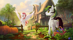 Size: 5396x2948 | Tagged: safe, artist:devinian, oc, oc only, oc:toko yakkai, oc:trance sequence, earth pony, pegasus, pony, commission, day, duo, fence, garden, gardening, high res, house, male, pumpkin, scenery, scenery porn, stallion, tree