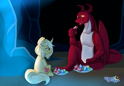 Size: 5951x4140 | Tagged: safe, artist:xwhitedreamsx, oc, oc only, oc:krystal, dragon, pony, unicorn, absurd resolution, cavern, commission, duo, eating, female, gem, looking at each other, male, mare, sitting