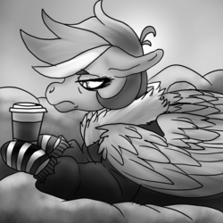 Size: 1550x1550 | Tagged: safe, artist:brainiac, rainbow dash, pegasus, pony, g4, black and white, clothes, cloud, coffee cup, cup, female, floppy ears, frown, grayscale, mare, monochrome, socks, solo, striped socks, tired, wing fluff