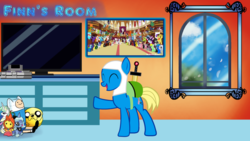 Size: 1024x576 | Tagged: safe, artist:animechristy, oc, oc only, oc:finn the pony, pony, adventure time, backpack, bedroom, crossover, finn the human, hat, male, picture, plushie, ponified, smiling, solo, sword, television, toy, weapon, window