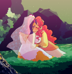 Size: 1280x1317 | Tagged: safe, artist:stevetwisp, pinkie pie, twilight sparkle, human, g4, alternate clothes, clothes, dress, female, holding hands, humanized, kissing, lesbian, ship:twinkie, shipping, wedding dress