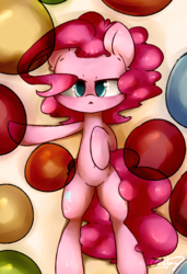 Size: 2882x4225 | Tagged: safe, artist:luxaestas, pinkie pie, earth pony, pony, g4, bored, female, high res, looking at you, lying down, mare, on back, solo, tired