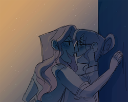 Size: 1280x1023 | Tagged: safe, artist:stevetwisp, sci-twi, sunset shimmer, twilight sparkle, human, g4, blushing, female, humanized, imminent kissing, leaning, lesbian, looking at each other, night, ship:sci-twishimmer, ship:sunsetsparkle, shipping