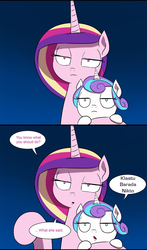 Size: 1345x2292 | Tagged: safe, artist:doublewbrothers, edit, princess cadance, princess flurry heart, comic:luna land, g4, army of darkness, evil dead, flurry heart is not amused, meme, the day the earth stood still, unamused