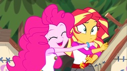 Size: 1100x618 | Tagged: safe, screencap, pinkie pie, sunset shimmer, equestria girls, g4, my little pony equestria girls: legend of everfree, bracelet, camp everfree outfits, incoming hug, jewelry, sun, tree