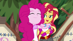 Size: 1280x720 | Tagged: safe, screencap, pinkie pie, sunset shimmer, equestria girls, g4, my little pony equestria girls: legend of everfree, bracelet, camp everfree outfits, cute, diapinkes, eyes closed, hug, jewelry, sun