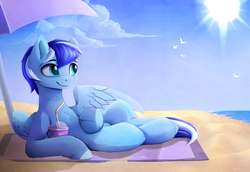 Size: 3780x2600 | Tagged: safe, artist:magnaluna, oc, oc only, oc:ocean breeze, bird, pegasus, pony, beach, cloud, commission, drink, high res, male, sand, sky, smiling, solo, stallion, straw, sun, umbrella, water
