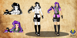 Size: 5950x2975 | Tagged: dead source, safe, artist:penspark, starlight glimmer, human, g4, absurd resolution, anime, clothes, crossover, feet, female, fingerless gloves, gloves, humanized, kunoichi, looking at you, monochrome, naruto, ninja, smiling, solo