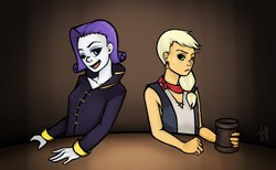 Size: 1137x701 | Tagged: safe, artist:zdazov, applejack, rarity, the count of monte rainbow, equestria girls, g4, clothes, crossover, danglajacks, mug, open mouth, rarifort, redraw, table, the count of monte cristo