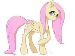 Size: 992x744 | Tagged: safe, artist:grissaecrim, fluttershy, pegasus, pony, g4, colored wings, cute, female, folded wings, head tilt, looking at you, looking sideways, mare, raised hoof, shyabetes, signature, simple background, smiling, solo, standing, white background