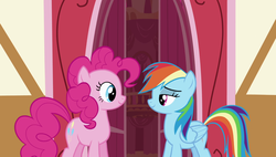 Size: 1920x1090 | Tagged: safe, screencap, pinkie pie, rainbow dash, pony, g4, griffon the brush off, my little pony: friendship is magic, duo, lidded eyes, looking at each other