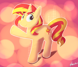 Size: 906x781 | Tagged: safe, artist:stratica, sunset shimmer, pony, unicorn, g4, female, mare, raised hoof, signature, solo, underhoof