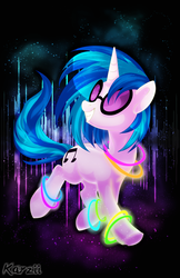 Size: 600x927 | Tagged: safe, artist:karzii, dj pon-3, vinyl scratch, g4, dancing, female, glow rings, grin, signature, smiling, solo