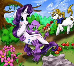 Size: 1000x898 | Tagged: safe, artist:chibipunk7231, prince blueblood, rarity, spike, dragon, pony, unicorn, g4, bridal carry, carrying, commission, female, flower, flower in mouth, male, mouth hold, no more ponies at source, rose, scenery, ship:sparity, shipping, straight