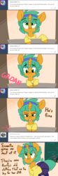 Size: 2000x6000 | Tagged: safe, artist:kryptchild, snails, oc, oc:wagram, duck, pony, ask glitter shell, comic:when aero met glitter, g4, alternate hairstyle, angry, ask, clothes, comic, crossdressing, cute, disgusted, glitter shell, headband, high res, hoodie, looking down, offscreen character, pantyhose, pleated skirt, skirt, solo, tumblr, window