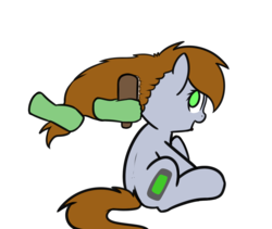 Size: 1173x992 | Tagged: safe, artist:neuro, oc, oc only, oc:anon, oc:littlepip, pony, unicorn, fallout equestria, brushing mane, disembodied hand, female, hairbrush, happy, looking back, mare, no pupils, offscreen character, open mouth, simple background, sitting, solo focus, transparent background