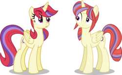 Size: 5000x3084 | Tagged: safe, artist:limedazzle, artist:orin331, moondancer, alicorn, pony, dancerverse, g4, alicornified, alternate design, alternate hairstyle, alternate universe, confused, duo, female, high res, long legs, mare, moondancercorn, race swap, self ponidox, show accurate, simple background, transparent background