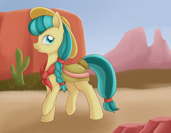 Size: 1024x796 | Tagged: safe, artist:dusthiel, idw, calamity mane, earth pony, pony, braid, cactus, clothes, colored pupils, cowboy hat, desert, female, hat, looking back, mare, raised hoof, solo