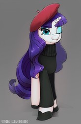 Size: 844x1280 | Tagged: safe, artist:veinalgonic, rarity, pony, unicorn, g4, sweet and elite, beatnik rarity, beret, clothes, female, gray background, hat, mare, one eye closed, shoes, simple background, smiling, solo, sweater, wink