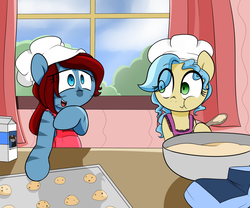 Size: 1280x1067 | Tagged: safe, artist:fullmetalpikmin, oc, oc only, oc:drawing ink, oc:leapingriver, pony, zebra, apron, baking, bipedal, chef's hat, clothes, cookie, cookie dough, curtains, flour, food, hat, milk carton, missing, smiling