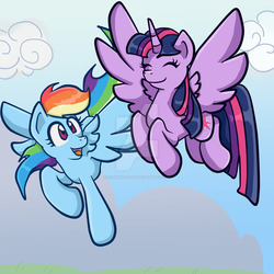 Size: 1024x1024 | Tagged: safe, artist:yoshimarsart, rainbow dash, twilight sparkle, alicorn, pony, g4, duo, eyes closed, female, flying, twilight sparkle (alicorn), watermark