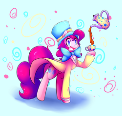 Size: 3107x2975 | Tagged: safe, artist:kousagi-hime, pinkie pie, earth pony, pony, g4, alice in wonderland, clothes, crossover, cup, disney, female, high res, mad hatter, solo, teapot