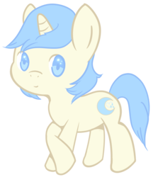 Size: 1160x1300 | Tagged: safe, artist:blissprism, oc, oc only, oc:celestial charm, pony, unicorn, blue eyes, blue mane, blue tail, chibi, colored pupils, crossed hooves, cute, femboy, full body, limited palette, looking at you, male, simple background, smiling, smiling at you, solo, stallion, standing, tail, transparent background, yellow coat