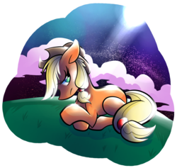 Size: 1024x971 | Tagged: safe, artist:mercurytwist, applejack, earth pony, pony, g4, female, night, prone, sad, solo, unhapplejack