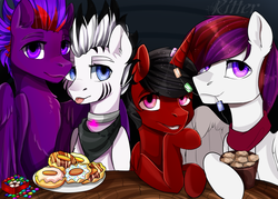 Size: 1400x1000 | Tagged: safe, artist:ritter, oc, oc only, oc:bluelight, oc:purple force, oc:whitestar, oc:zerus, alicorn, pegasus, pony, zebra, alicorn oc, bandana, candy, clothes, collar, food, looking at you, male, muffin, scarf, sitting, smiling, spread wings, table, tongue out, wings