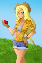 Size: 2056x3088 | Tagged: safe, artist:nasuki100, applejack, human, g4, apple, clothes, cute, female, food, fruit, gloves, grass, high res, humanized, light skin, obligatory apple, shorts, solo