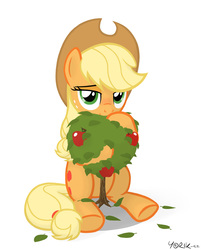 Size: 1865x2316 | Tagged: safe, artist:yorik-cz, applejack, earth pony, pony, g4, bedroom eyes, cute, female, freckles, hug, jackabetes, looking at you, macro, micro, signature, simple background, sitting, size difference, solo, tree, underhoof, white background