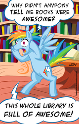 Size: 720x1128 | Tagged: safe, artist:texasuberalles, rainbow dash, pegasus, pony, g4, awesome, bipedal, book, female, golden oaks library, library, mare, open mouth, solo, speech bubble