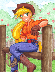 Size: 720x927 | Tagged: safe, artist:texasuberalles, applejack, human, g4, apple tree, boots, colored pencil drawing, female, fence, grin, humanized, looking at you, marker drawing, rope, sitting, smiling, solo, traditional art, tree