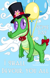Size: 720x1124 | Tagged: safe, artist:texasuberalles, gummy, alligator, g4, balloon, bow, flower, flying, hat, male, pet, solo, tail bow, top hat
