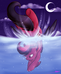 Size: 1280x1541 | Tagged: safe, artist:ashee, oc, oc only, oc:red pone, clothes, diving, moon, night, night sky, red and black oc, scarf, solo, underwater, water