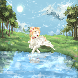 Size: 2835x2835 | Tagged: safe, artist:alicesmitt31, oc, oc only, flower, grass, high res, pond, reflection, scenery, solo, tree, water