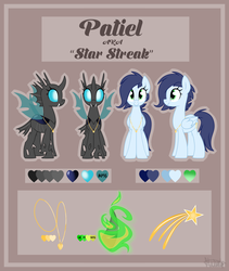 Size: 2800x3311 | Tagged: safe, artist:kellythedrawinguni, oc, oc only, oc:patiel, oc:star streak, changeling, pegasus, pony, female, high res, jewelry, mare, necklace, reference sheet
