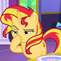 Size: 600x600 | Tagged: safe, edit, edited screencap, screencap, sunset shimmer, pony, unicorn, g4, no second prances, boop, female, glimmerposting, lidded eyes, palette swap, raised eyebrow, recolor, self-boop, shimmerposting, smiling, smirk, solo, subversion, subverted meme, vector