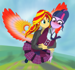 Size: 3000x2800 | Tagged: safe, artist:yinglung, sci-twi, sunset shimmer, twilight sparkle, equestria girls, g4, blushing, clothes, crystal prep academy uniform, crystal wings, cute, female, flying, glasses, high res, holding, lesbian, school uniform, ship:sci-twishimmer, ship:sunsetsparkle, shipping